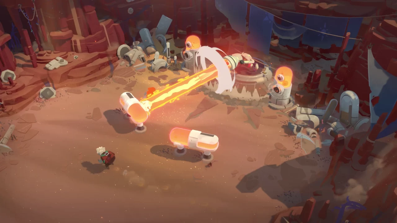 A screenshot of Moonlighter 2: The Endless Vault. It depicts an orange laser beam being fired on a rocky desert mesa.